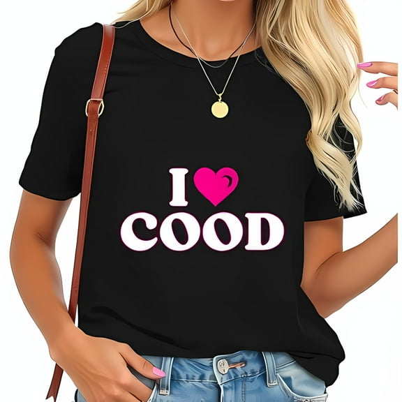 Cotton Short Sleeve T-Shirt with Playful 'I Love COOD' Graphic Design in Retro Font - Casual Fashion Tee