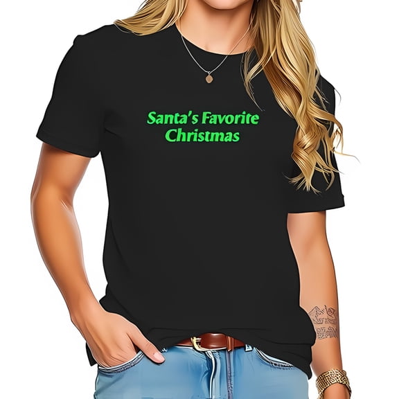 Cotton Short Sleeve T-Shirt with Playful 'Santa's Favorite Christmas' Inscription - Casual Festive Tee for Holiday Cheer