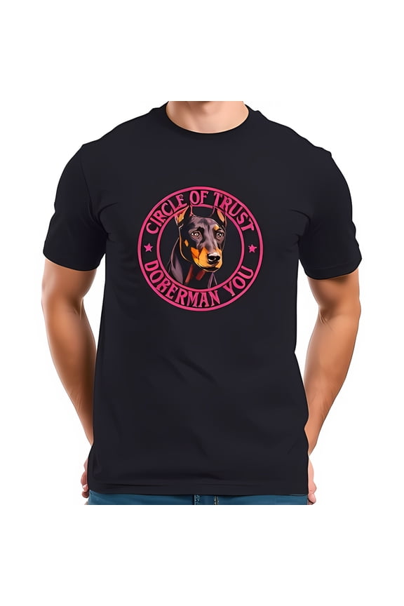 Cotton Short Sleeve T-Shirt with Realistic Doberman Head Design & " CIRCLE OF TRUST DOBERMAN YOU " Text - Stylish Dog Lover Tee