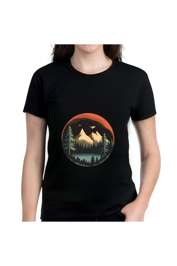 Cotton Short Sleeve T-Shirt with Serene Landscape Design - Pine Trees Water Mountains & Starry Sky - Peaceful Nature Scene