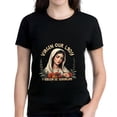 thumbnail image 1 of Cotton Short Sleeve T-Shirt with Serene Virgen de Guadalupe Design Woman in White Headscarf Surrounded by Flowers Golden Text, 1 of 5