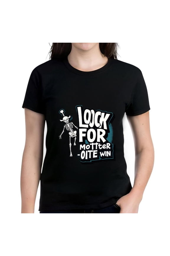 Cotton Short Sleeve T-Shirt with Skeleton Graphic and Bold 'LOCK FOR MOTHER OITE WIN' Text - Black Design