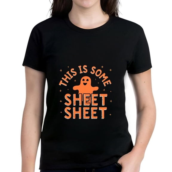 Cotton Short Sleeve T-Shirt with 'THIS IS SOME SHEET SWEET' Design Orange Ghost Graphic & Stars Fun Casual Tee
