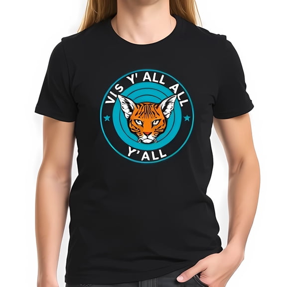 Cotton Short Sleeve T-Shirt with Teal Caracal & " Vis Y'all All Y'all " Phrase - Fun Southern Style