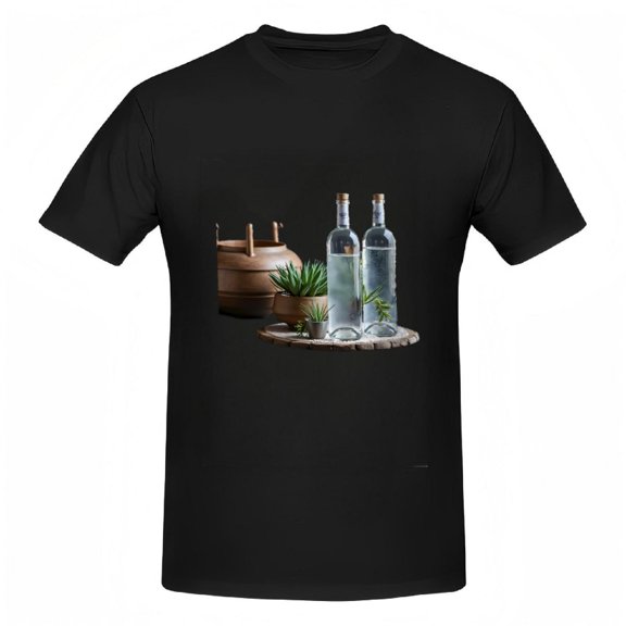 Cotton Short Sleeve T-Shirt with Unique Wooden Pot and Plant Design Featuring Clear Bottles and Sunglasses on Black Background