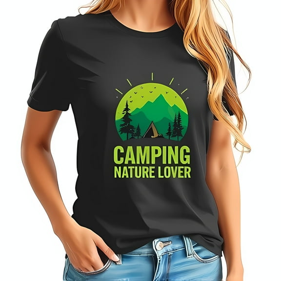 Cotton Short Sleeve T-Shirt with Vibrant Nature Inspired Mountain Range Design Camping Tent