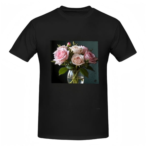 Cotton Short Sleeve T-Shirt with Vibrant Pink Roses Bouquet Design on Black Background - Floral Tee Top for Nature Lovers
