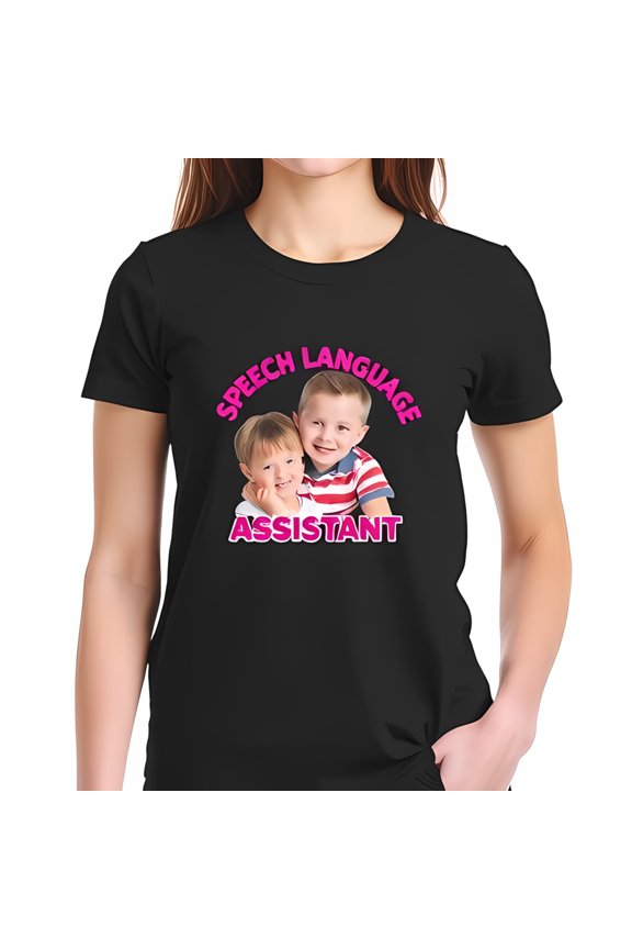 Cotton Short Sleeve T-Shirt with Vibrant Pink 'SPEECH LANGUAGE ASSISTANT' Text & Cheerful Graphics