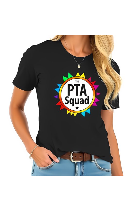 Cotton Short Sleeve T-Shirt with Vibrant Rainbow Graphic & " The PTA Squad " Design - Casual & Comfortable Wear for School Events