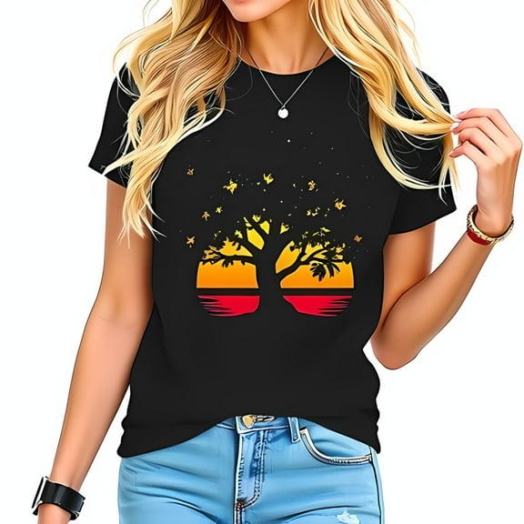 Cotton Short Sleeve T-Shirt with Vibrant Sunset Tree Graphic - Autumn Leaves Design Casual Style