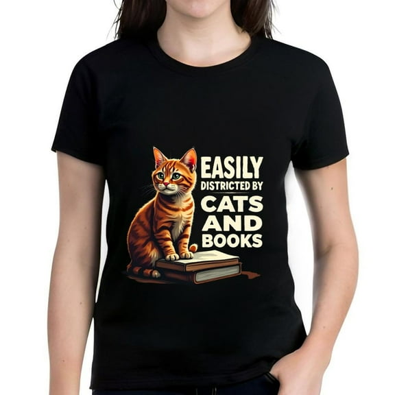 Cotton Short Sleeve T-Shirt with Vibrant Tabby Cat Graphic on Books - " EASILY DISTRIBUTED BY CATS AND BOOKS " Design