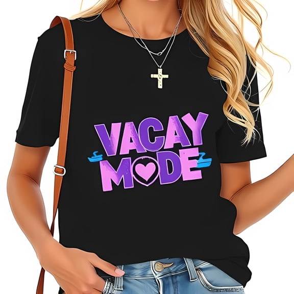 Cotton Short Sleeve T-Shirt with Vibrant 'VACAY MODE' Graphic in Pink and Purple - Perfect for Relaxed Summer Vibes