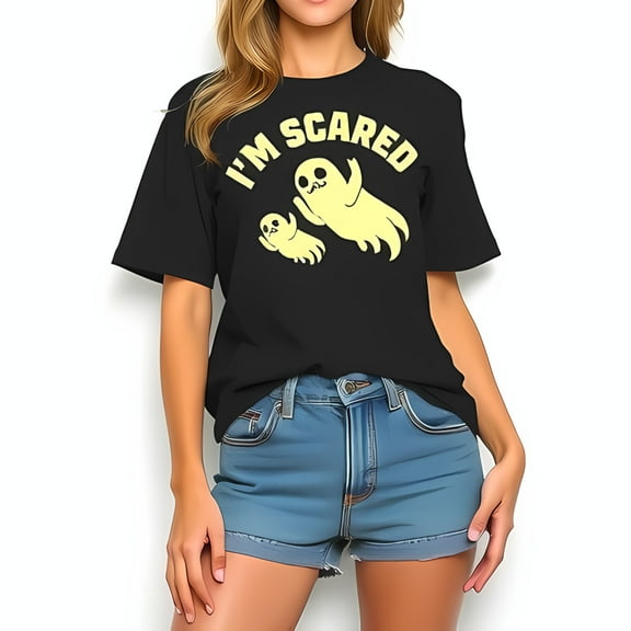 Cotton Short Sleeve T-Shirt with Whimsical Cartoon Ghosts Design - " I'M SCARED " Playful Halloween Tee