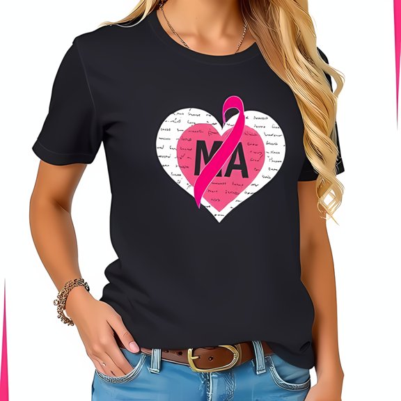 Cotton Short Sleeve T-Shirt with White Heart Design ' ' Text Pink Ribbon & 'MA' Letters