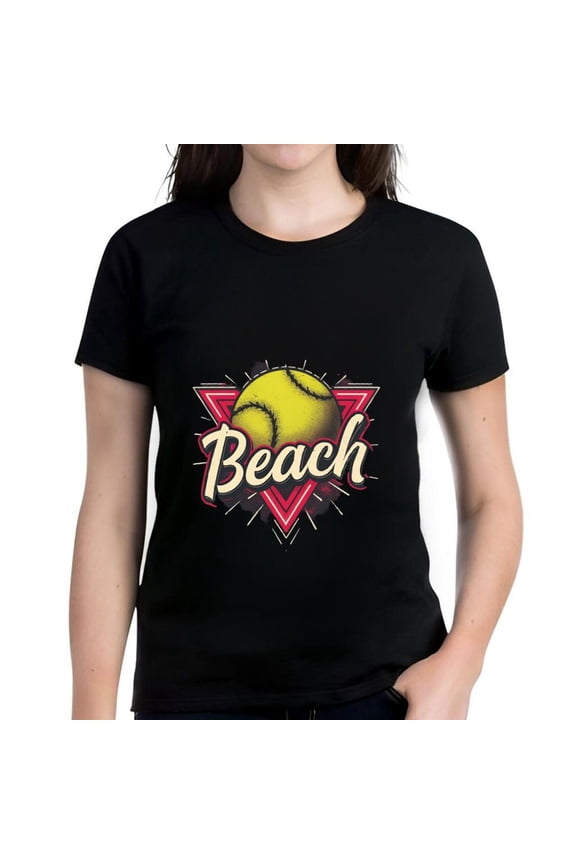 Cotton Short Sleeve T-Shirt with Yellow Softball Graphic Red & White Triangular Border 'Beach' Cursive Design Black Background
