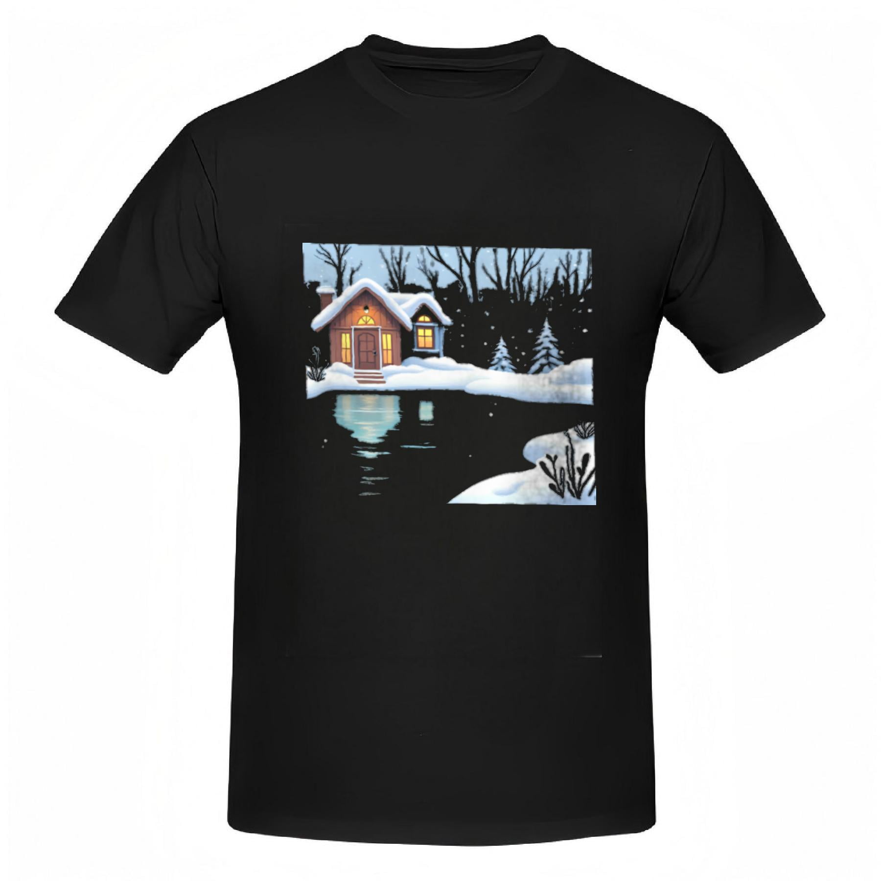 Cotton Short Sleeve T-Shirts for Women - Cozy Winter Scene Print Serene ...
