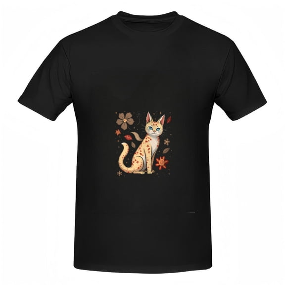 Cotton Short Sleeve T-Shirts for Women - Cute Cat Design with Floral Patterns in Orange and Brown on Black Background