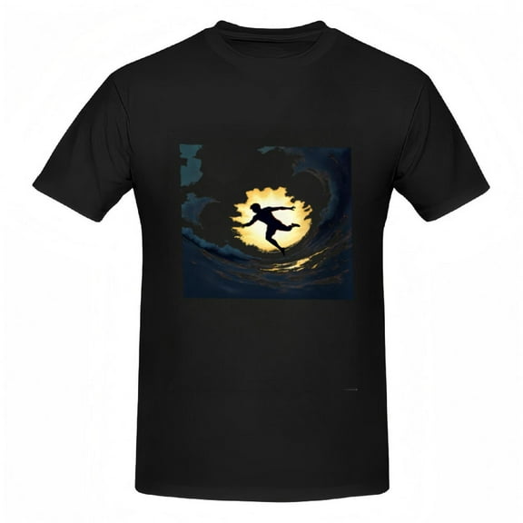 Cotton Short Sleeve T-Shirts for Women - Dynamic Surfing Silhouette Design with Bright & Swirling Clouds Pattern