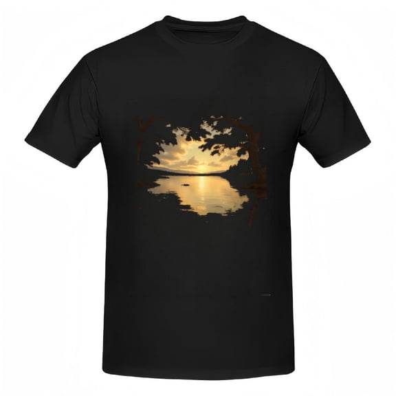 Cotton Short Sleeve T-Shirts for Women - Serene Sunset Scene Print Tranquil Water Warm Golden Hues Relaxing Tee Tops