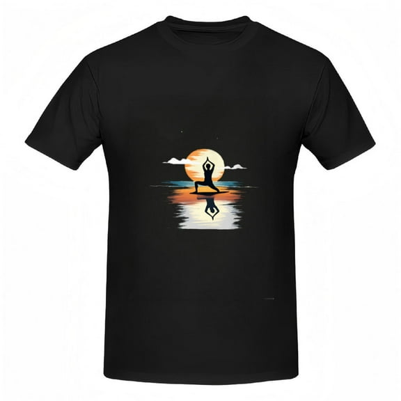 Cotton Short Sleeve T-Shirts for Women - Serene Sunset Yoga Silhouette Design Reflective Water Pattern Peaceful & Calming Tee Tops