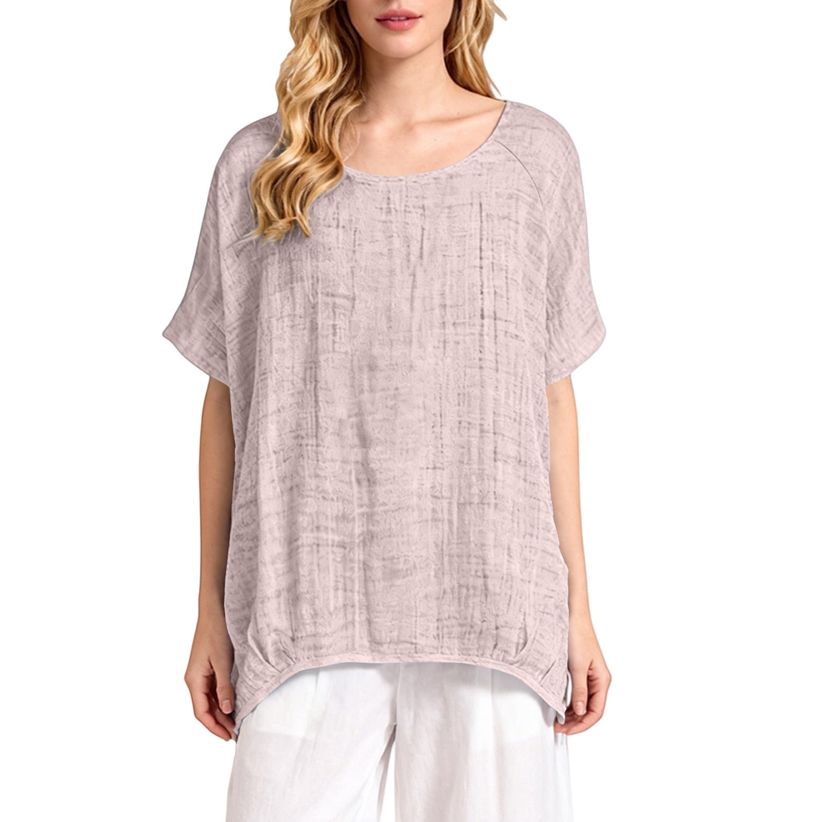 Cotton Short Sleeve Tops for Women Linen Fashion Clothing Crewneck Cute ...