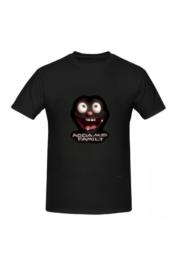 Cotton Short Sleeve Women's Tee - Cartoonish Addams Family Face with Large Eyes & Grin Stylish White Text Design