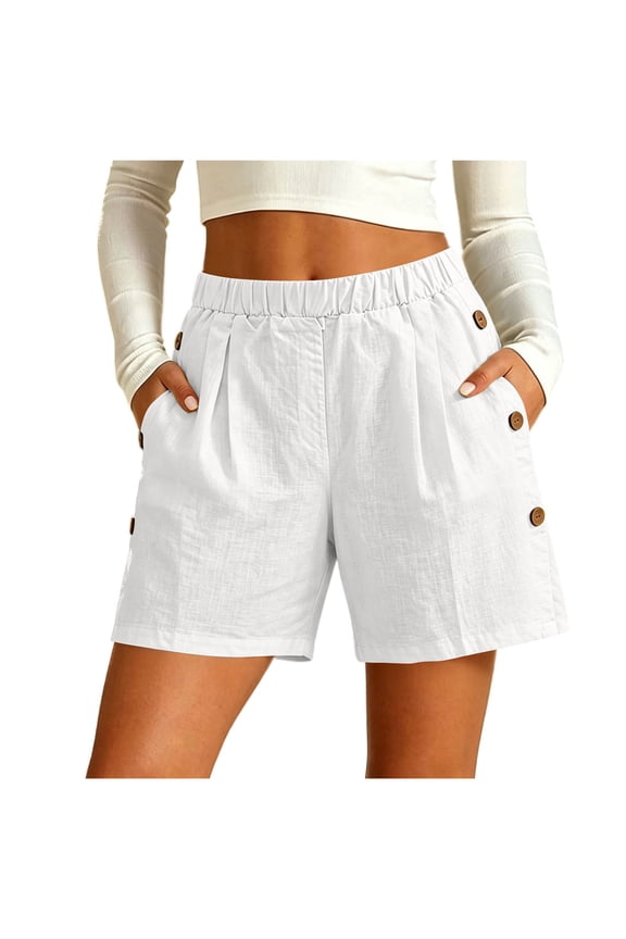 Cotton Shorts For Women Elastic Waist Side Buttons Shorts Loose Casual Vacation with Pockets White