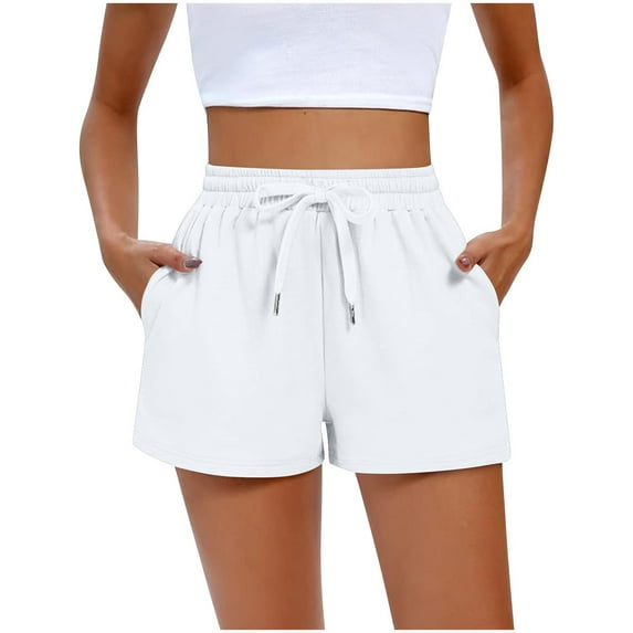 Cotton Shorts Summer Casual Soft Lounge Short Pants for Women with Pockets Drawstring Elastic Waist Sweatshorts (XL, White)