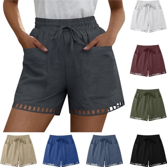 Cotton Shorts for Women Casual Summer Hollow out Hem Solid Color Breathable Lightweight Elastic Waist with Drawstring Shorts Loungeweawr Goling out Holiday Shorts with Pockets