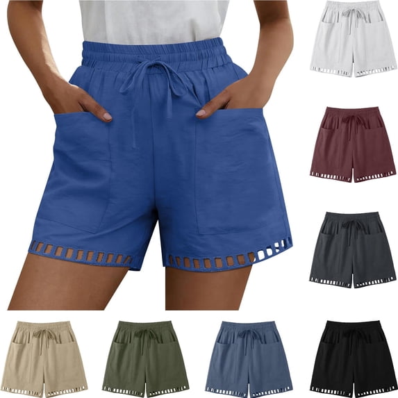 Cotton Shorts for Women Casual Summer Hollow out Hem Solid Color Breathable Lightweight Elastic Waist with Drawstring Shorts Loungeweawr Goling out Holiday Shorts with Pockets