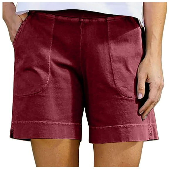 Cotton Shorts for Women Casual 7 Inch Inseam Shorts Summer Elastic Waist Short Vacation Beach Outfits with Pockets