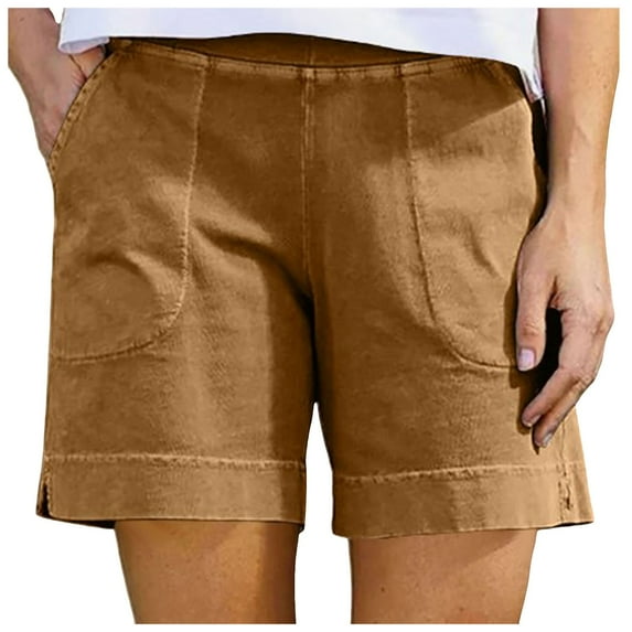 Cotton Shorts for Women Casual 7 Inch Inseam Shorts Summer Elastic Waist Short Vacation Beach Outfits with Pockets