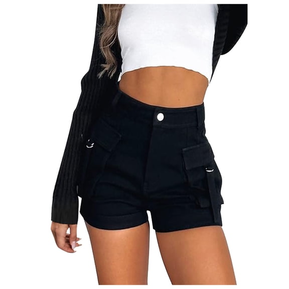 Cotton Shorts for Women Fashion Women Solid Color Casual Loose Denim Cargo Pocket Shorts Black Xl