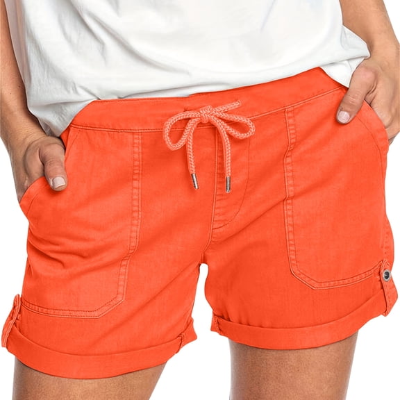Cotton Shorts for Women Womens Comfy Drawstring Color Casual Elastic Waist Pocket Shorts Pants Orange Xxl