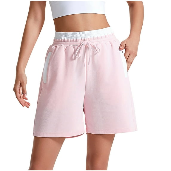 Cotton Shorts for Women with Pockets Summer Casual Elastic High Waist Color Block Workout Sports Running Shorts (XL, Pink)