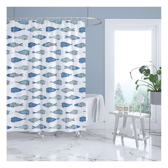 Cotton Shower Curtain 72x72, Fish Scale Design - Catalina Collection - Blue & Green - 100% Cotton Lined Shower Curtain Panel with Grommets for Bathroom