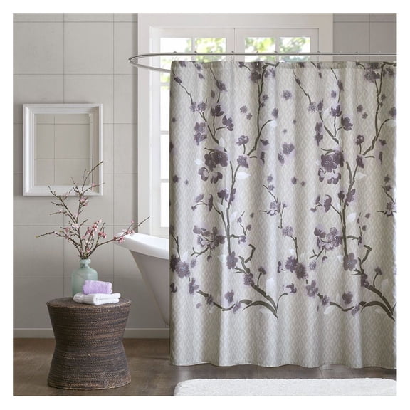 Cotton Shower Curtain Blossom Design 72x72 Inch - Oeko-Tex Certified, Grey Floral Bathroom Decor - 12 Button Holes, Machine Washable
