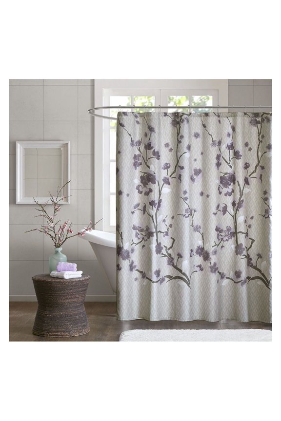 Cotton Shower Curtain Blossom Design 72x72 Inch - Oeko-Tex Certified, Grey Floral Bathroom Decor - 12 Button Holes, Machine Washable