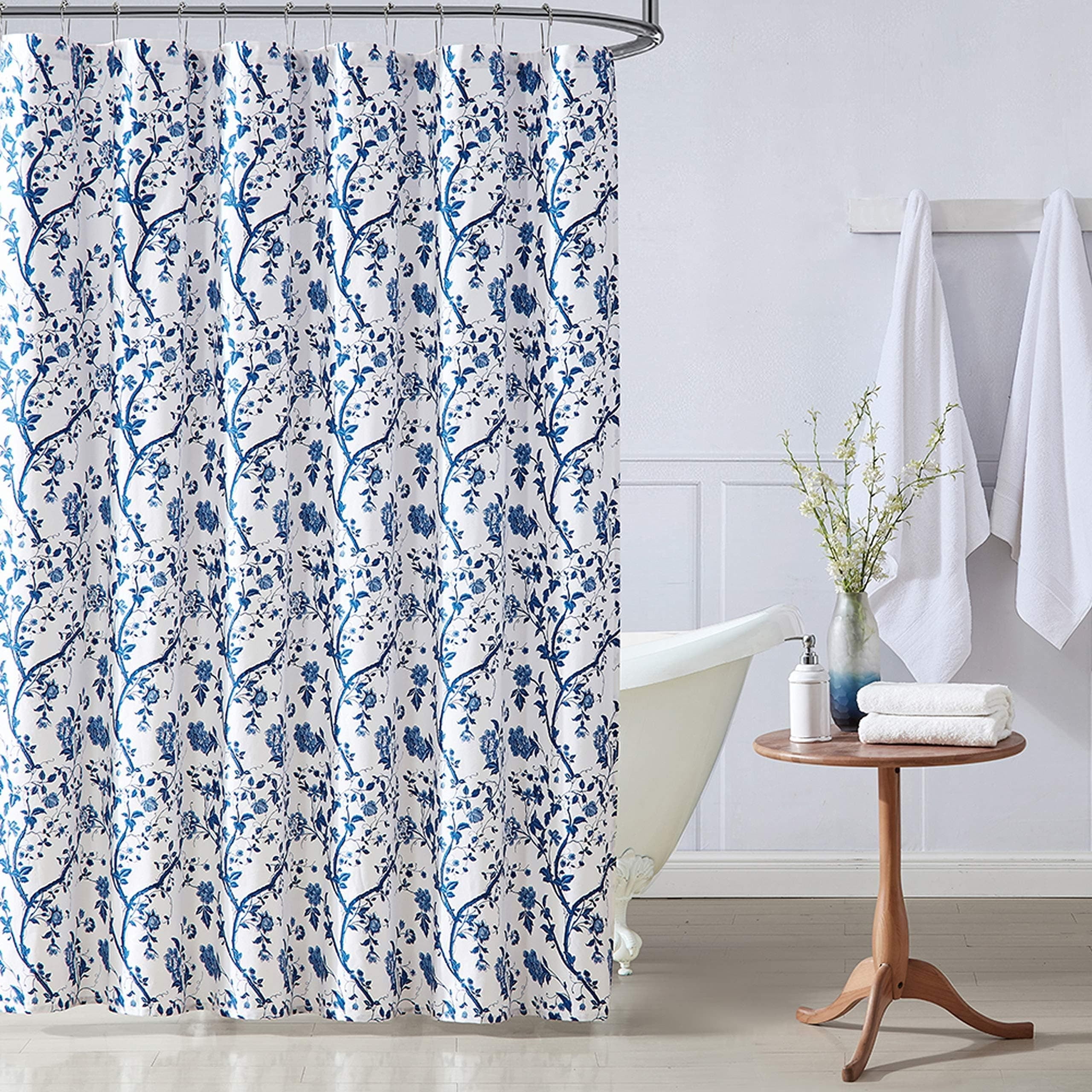 Blue and White Floral Cotton Shower Curtain, 72"x72"