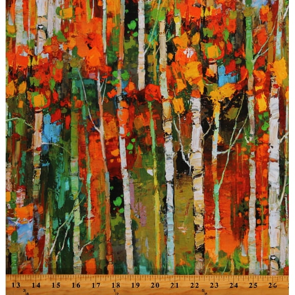 Cotton Silent Lake Painted-Look Autumn Trees Orange Peel Cotton Fabric Print by the Yard (DP27252-54)