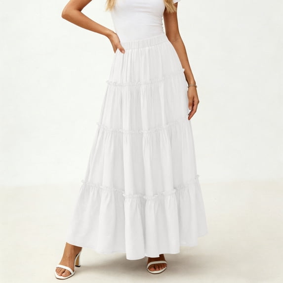 Cotton Skirts for Women Summer Lightweight Breathable Casual Solid Color Ruffle A-Line Layered Swing Maxi Skirts