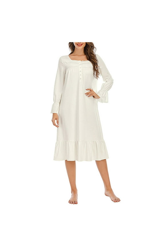 Cotton Sleep Dress for Women Long Sleeve Lace Ruffled Cute Soft Pajamas Dress Mid Length Lounge Nightgown (S, White)
