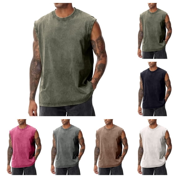 Cotton Sleeveless Tank Tops for Men Casual Cut Off Muscle Gym T Shirts Summer Vintage Running Beach Loose Fit Tees Army Green XL