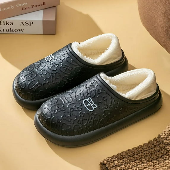 Cotton Slippers Home Bear Ladies Winter New Indoor Home Waterproof Non-slip Men and Women Plus Velvet Warm Confinement Shoes (Black,40-41)