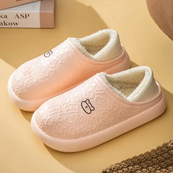 Cotton Slippers Home Bear Ladies Winter New Indoor Home Waterproof Non-slip Men and Women Plus Velvet Warm Confinement Shoes (Pink,36-37)