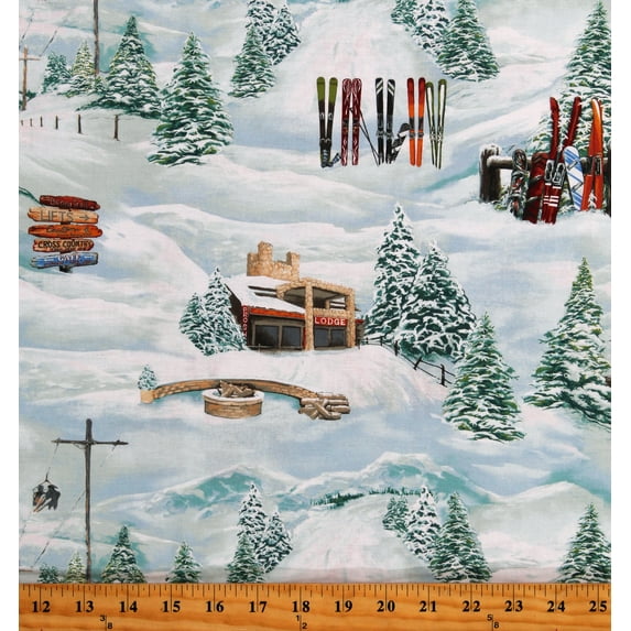 Cotton Slopeside Ski Lodge Resort Winter Snow Fire Pine Trees Christmas Seasonal Light Blue Cotton Fabric Print by the Yard (3292-11)