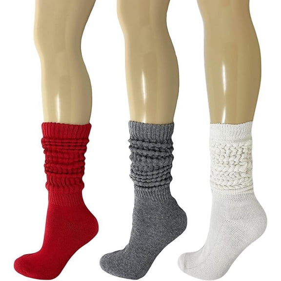 Cotton Slouch Socks Colorful 3 Pairs Shoe Size 5 to 10 (Red-Gray-Ivory)