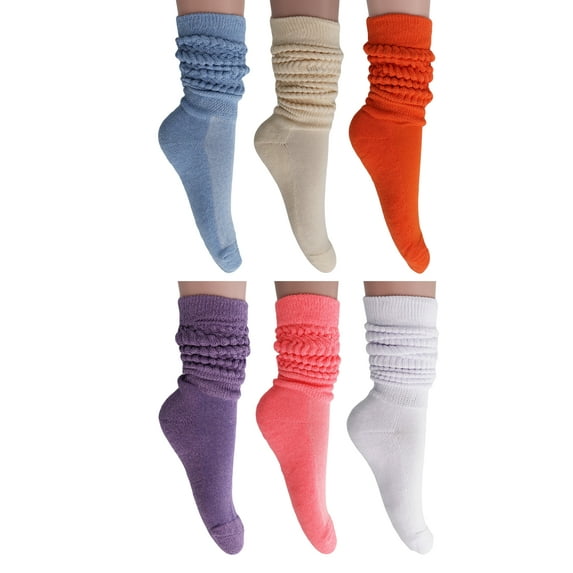 Cotton Slouch Socks Shoe Size 5-10 (Light Blue-Ecru-Orange-Purple-Neon Pink-White)