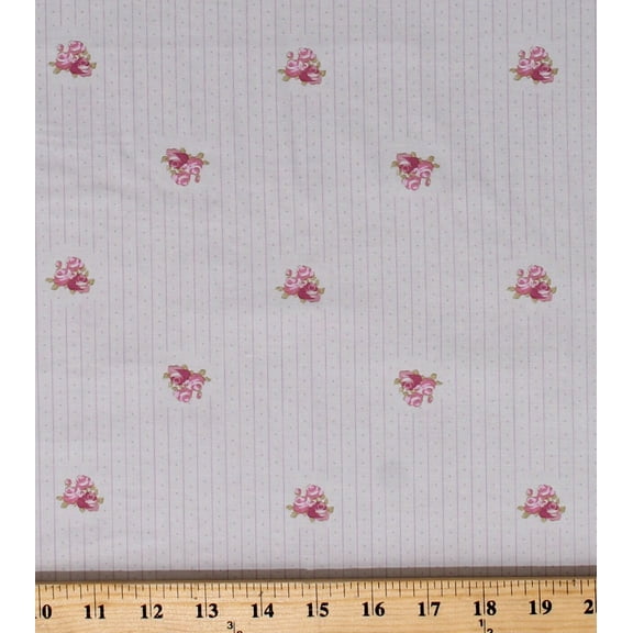 Cotton Small Pink Flowers Roses on Tiny Pink Stripes and Dots Dutch Light Gray Madeline Cotton Fabric Print by the Yard (Y2287-5lightgray)