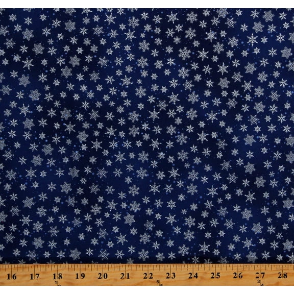 Cotton Snowflakes Snow Winter Chrismtas Seasonal Holiday Navy Metallic Cotton Fabric Print by the Yard (V7164-19-NAVY/SILVER)
